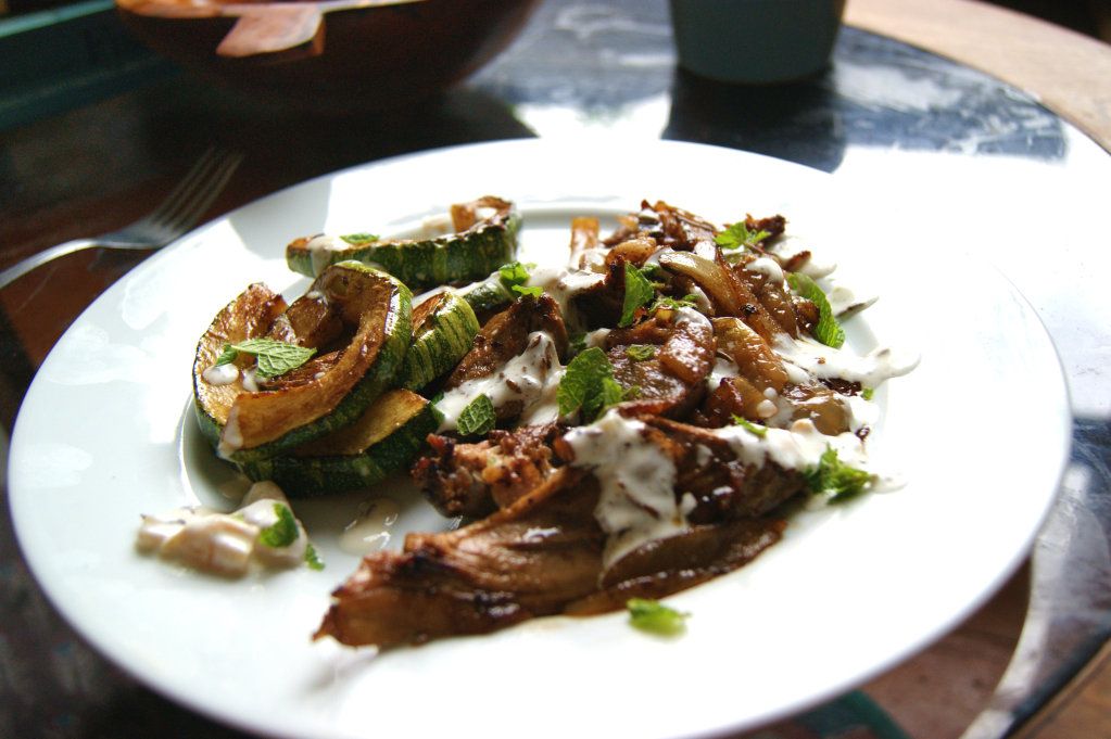 Roast Lamb with Caramelised-Butter Marrow and Spicy Yoghurt Sauce