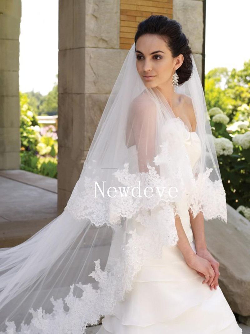 Alluring White 2T Floorlength Crystal Beads Lace Cathedral Bridal