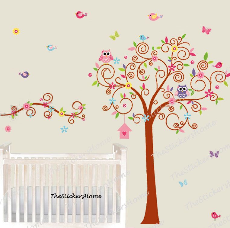 SCROLL TREE WALL DECALS Giant Baby Nursery Stickers Owls Floral Bedroom Decor
